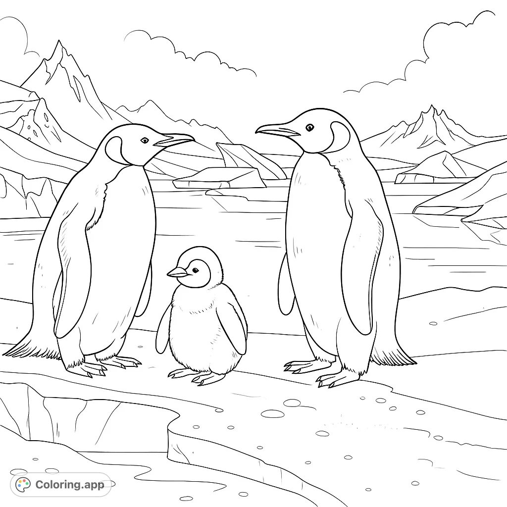 A heartwarming penguin family scene with two adults and a fluffy chick amidst a vast icy landscape, perfect for a serene coloring experience.