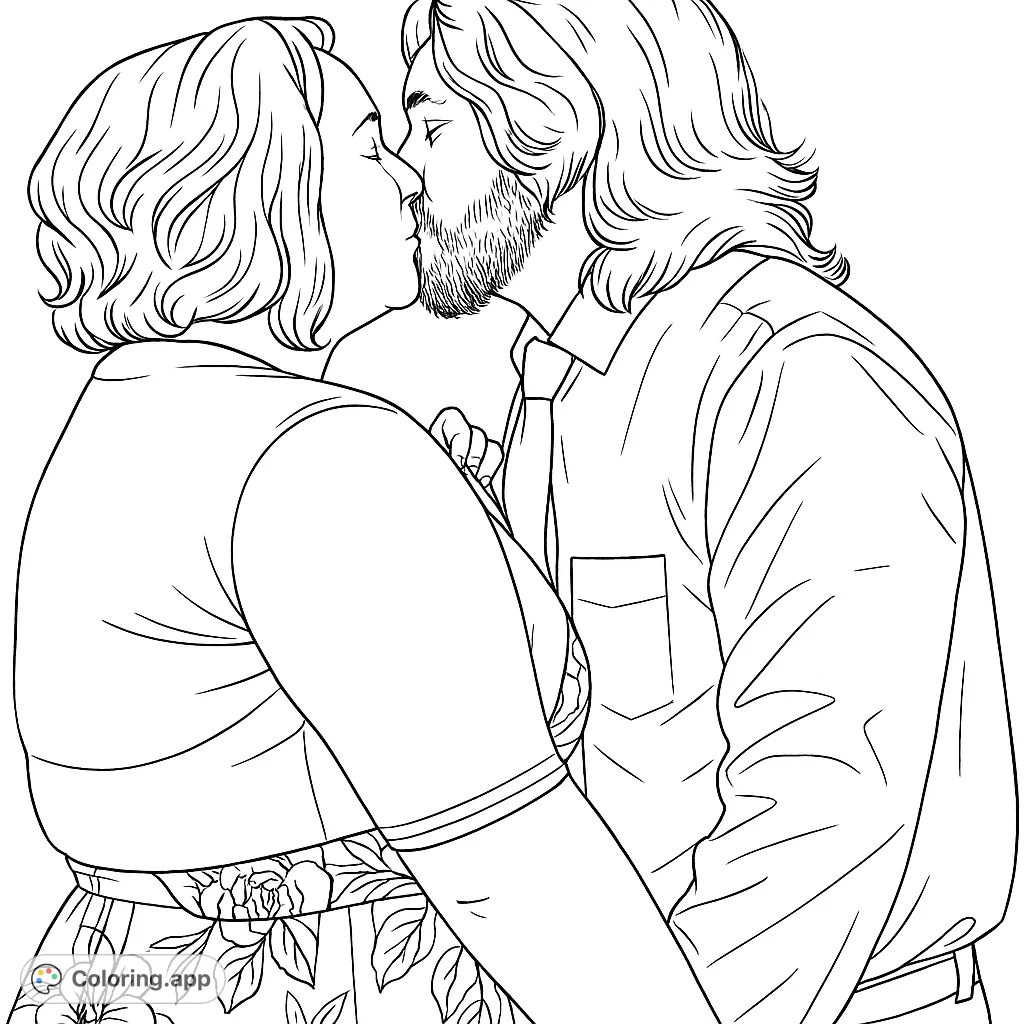 Capture a tender moment with this romantic couple coloring page. Features an intimate embrace, detailed hair, and a lovely floral pattern. Perfect for adults.