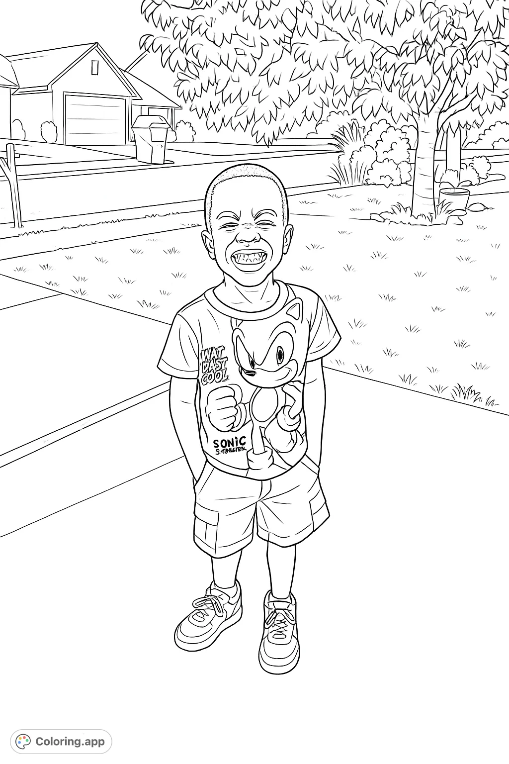 A cheerful boy in a character shirt and shorts, standing on a sidewalk in a suburban setting. Perfect for young fans of animated heroes.