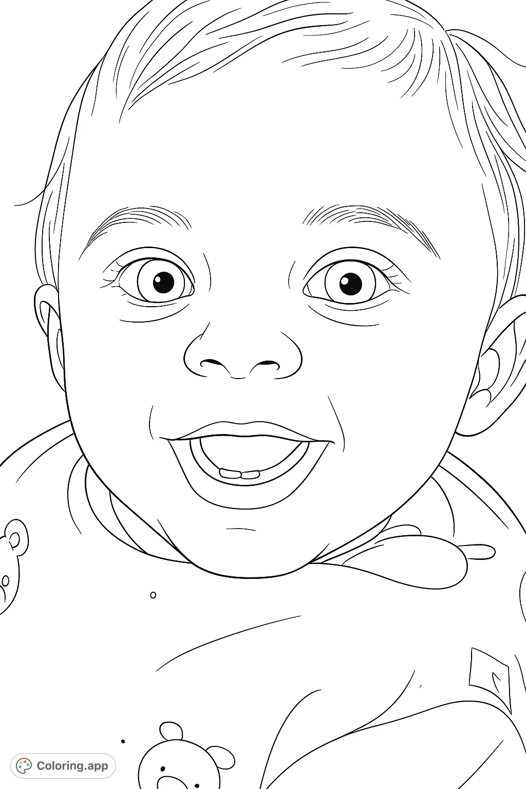 Capture the joy of a happy baby with this adorable coloring page. Features a smiling infant with expressive eyes and tiny teeth, perfect for all ages.