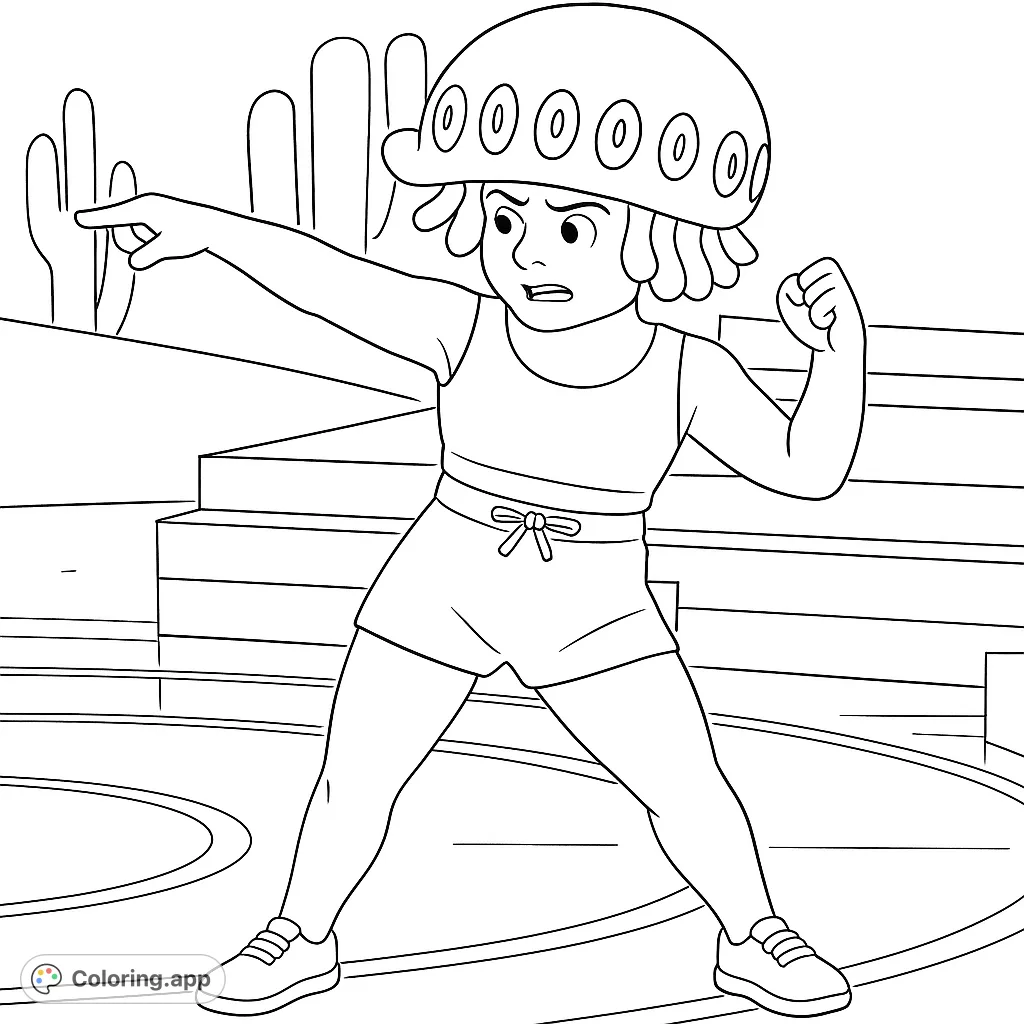 A dynamic jellyfish character in a crop top and shorts, striking a pose on a stage. Perfect for creative coloring fun!