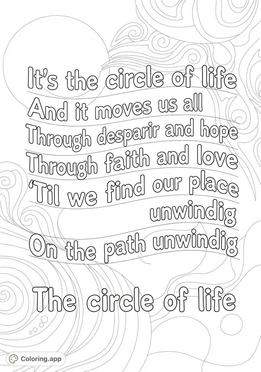 Color an inspiring "Circle of Life" quote in flowing bubble letters, set against a background of abstract natural elements and circular motifs.