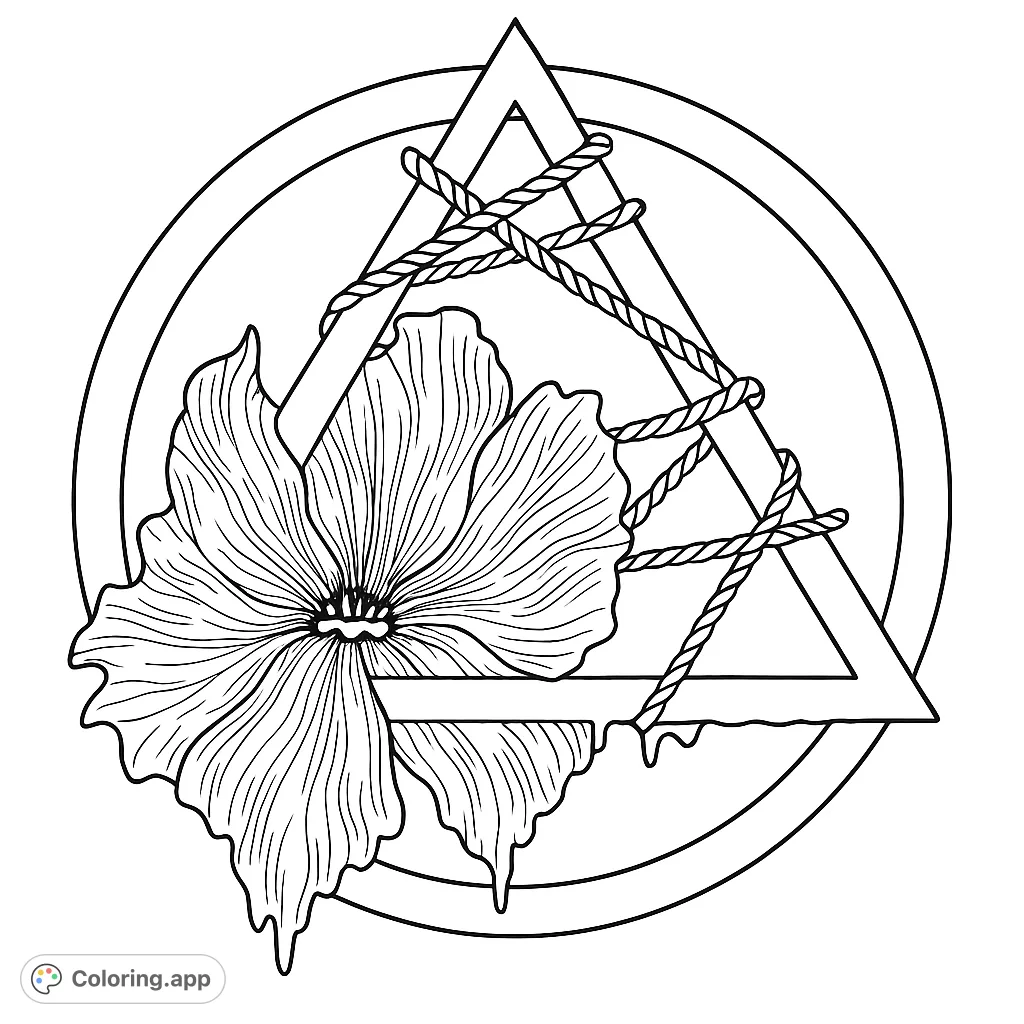 Unleash your creativity with this mystical flower and bound triangle design. Intricate details and symbolic elements offer a unique coloring experience.