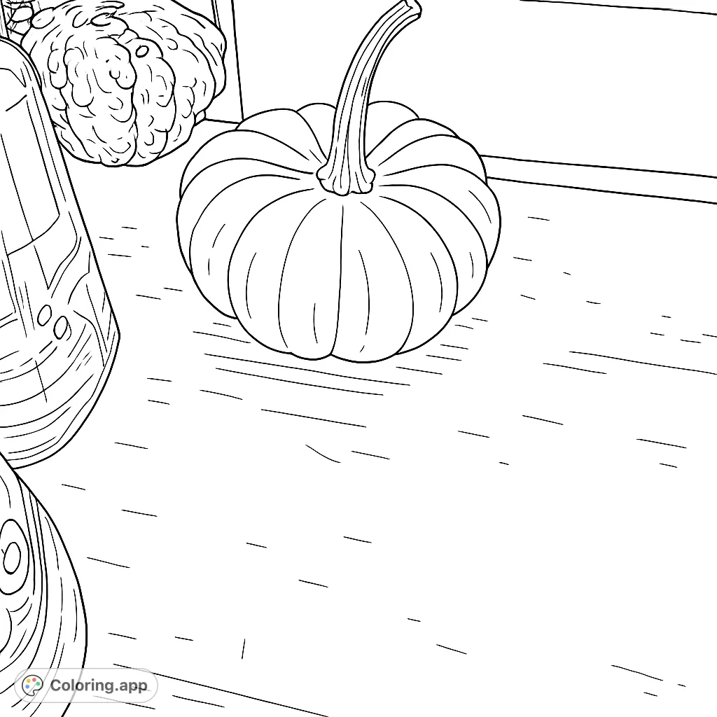 A charming harvest scene featuring a small, ribbed pumpkin and a textured gourd, perfect for autumn coloring fun.