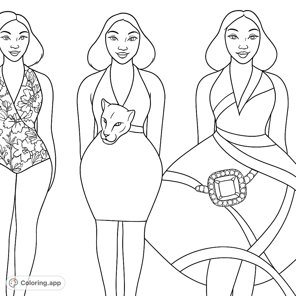 Color three elegant fashion figures: a lace bodysuit, a glamorous dress with a panther brooch, and a grand gown with a sparkling ring. Perfect for fashion enthusiasts.