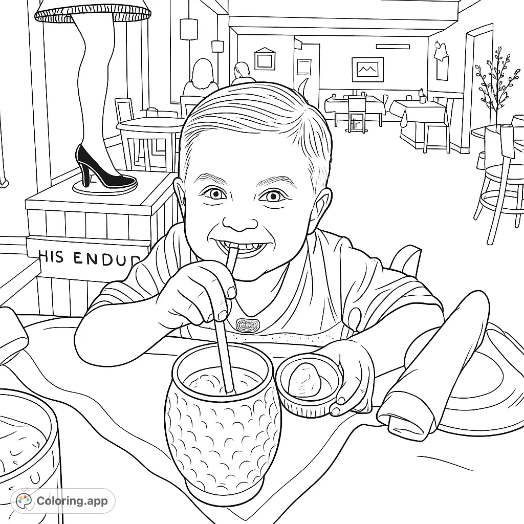 A cheerful child enjoys a drink at a restaurant table, with a unique leg lamp in the background. A fun scene for all ages to color.