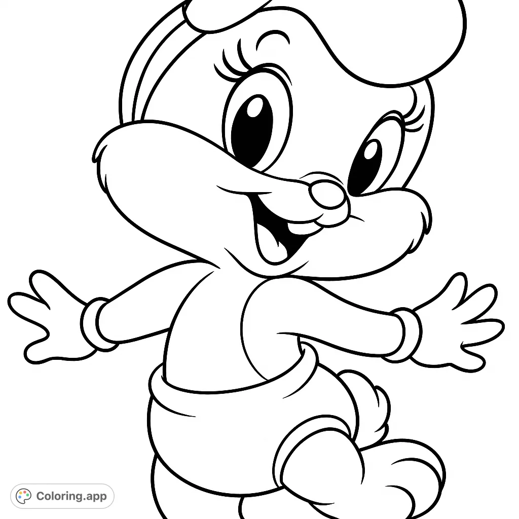 A delightful baby bunny character with a wide smile and open arms, wearing a diaper and a bow. Perfect for a cute and cheerful coloring experience.