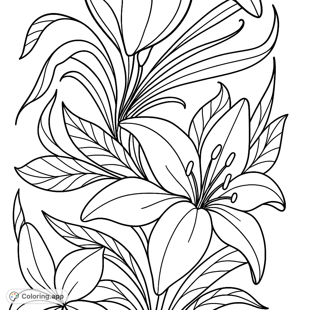 Discover a beautiful lily floral coloring page. Intricate petals and leaves create a captivating botanical design, perfect for detailed coloring.