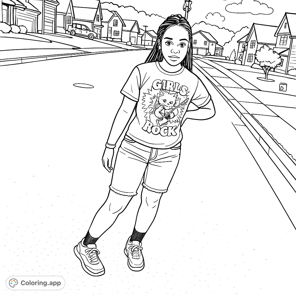 Capture urban style with this street scene coloring page. A young person in a graphic tee and shorts stands on a residential street, ready for your creative touch.