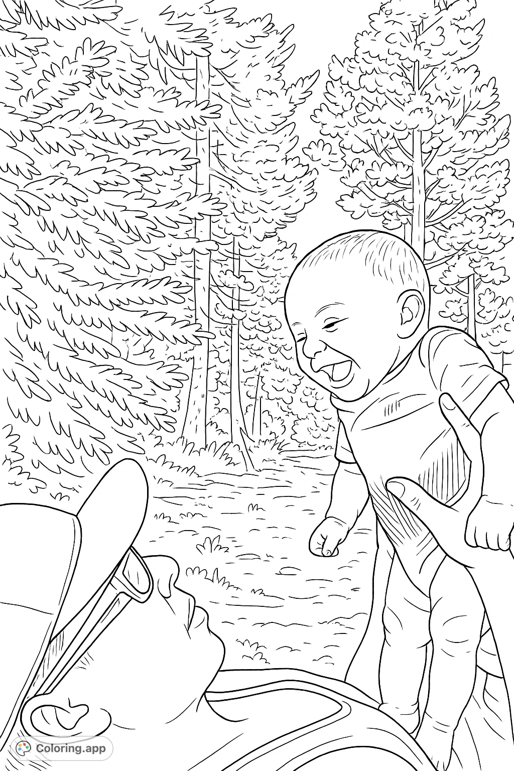 Capture a heartwarming moment of a laughing baby held by a parent amidst a serene forest. A delightful baby coloring page for family fun.