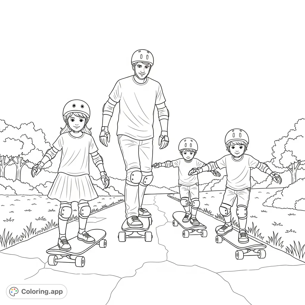 Capture the joy of a family skateboarding outing! A dad and his three children glide along a park path, all geared up for a fun, active day.