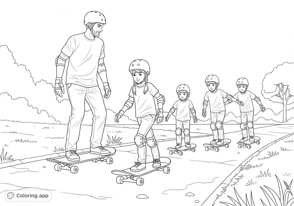 A heartwarming scene of a dad skateboarding with his 7-year-old daughter and two young sons, all geared up for outdoor adventure.