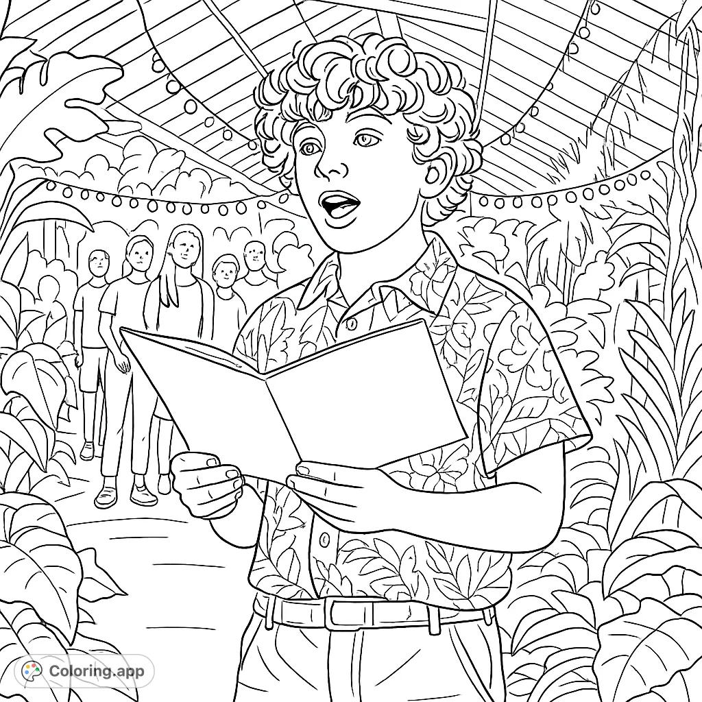 A charming boy sings in a lush greenhouse, holding sheet music. This detailed coloring page captures a moment of performance amidst abundant foliage and festive lights.