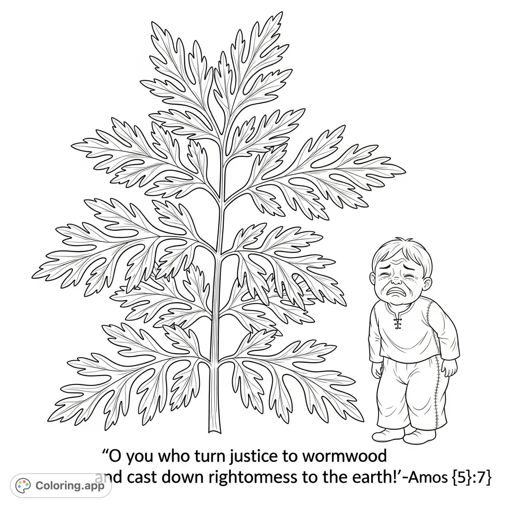 Explore a unique wormwood plant coloring page featuring a child with a 'yucky' expression and a powerful Bible verse from Amos 5:7. A thought-provoking scene.