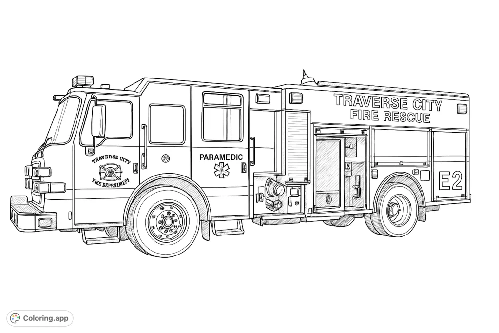 A highly detailed fire truck coloring page, featuring a Traverse City Fire Rescue vehicle with intricate equipment and text. A challenging and rewarding coloring experience.
