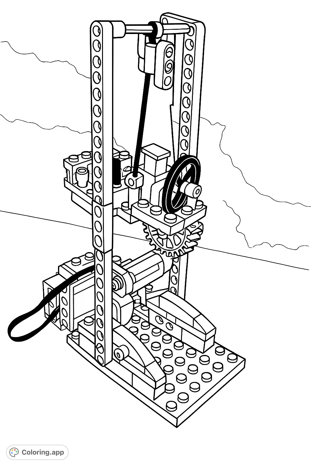 Explore a detailed interlocking block construction, featuring a lifting mechanism with gears and a steering wheel, perfect for creative coloring.