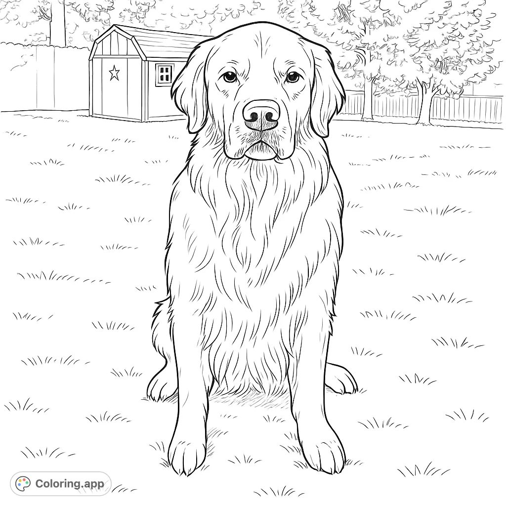 A charming golden retriever sits patiently in a backyard, ready for your creative touch. Perfect for dog lovers of all ages.