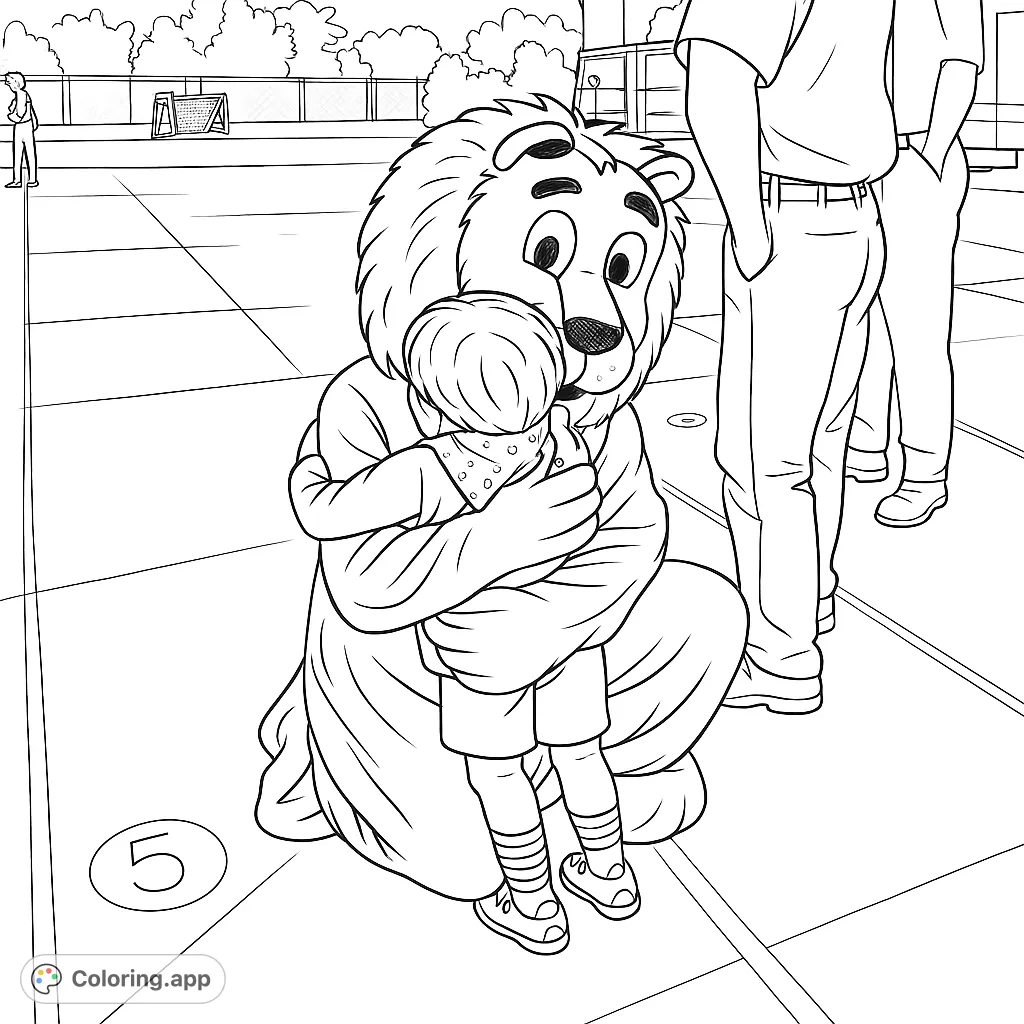 A heartwarming scene of a child hugging a friendly lion mascot, set against a community event backdrop. This free printable coloring page is perfect for all ages.
