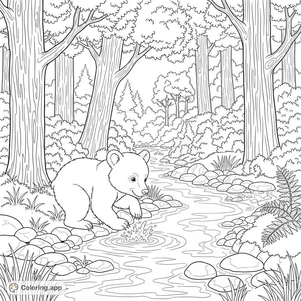 A charming forest scene featuring a playful bear cub splashing in a winding stream, surrounded by lush trees and natural elements. Perfect for animal lovers!