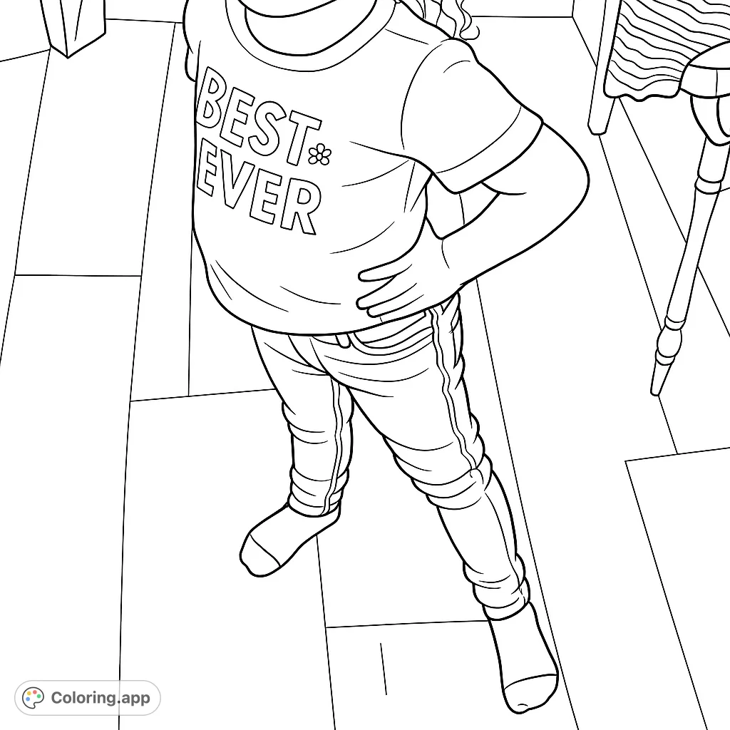 A charming coloring page featuring a child striking a confident pose in a "Best Sister Ever" t-shirt, perfect for celebrating siblings and creativity.