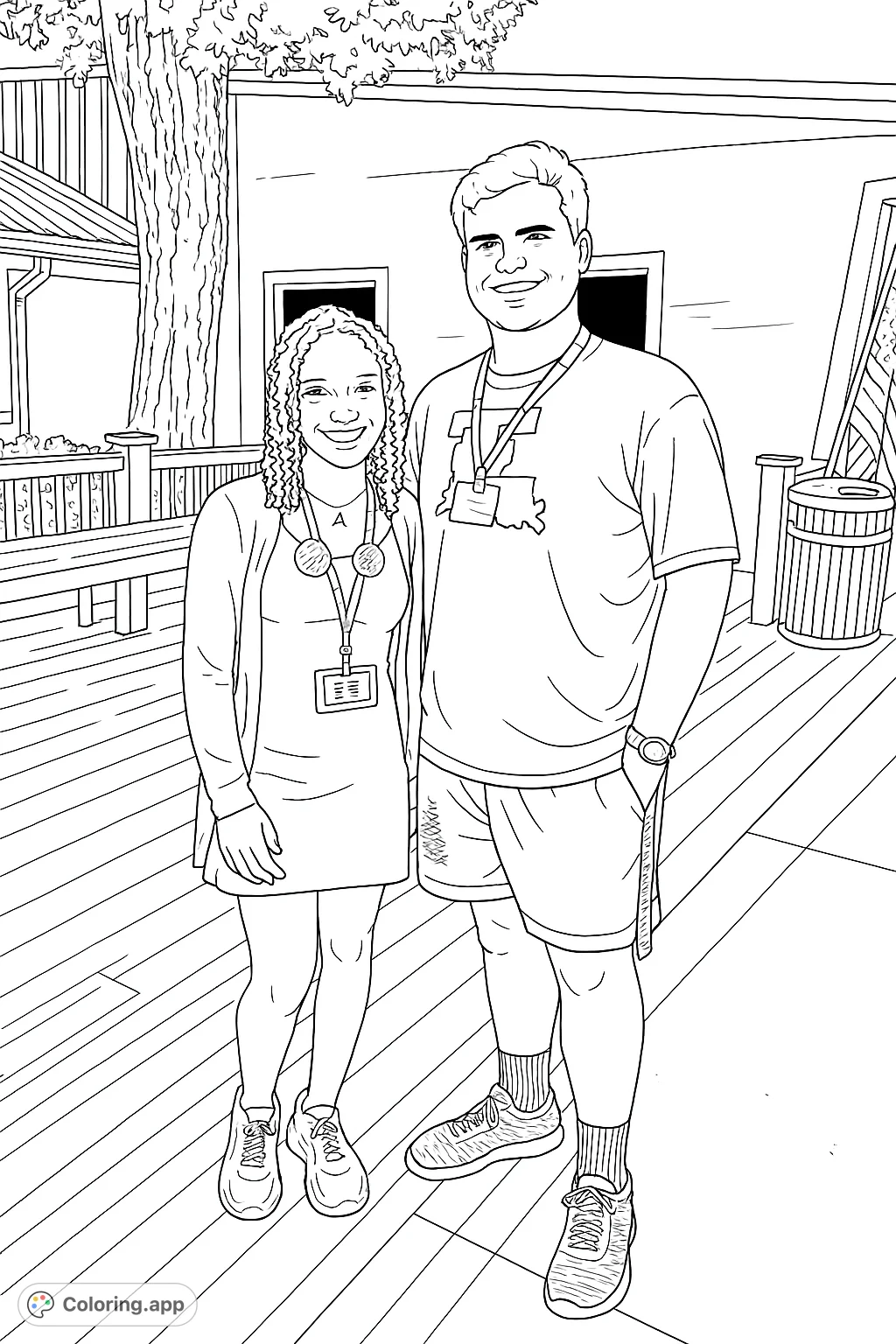 Capture a moment of friendship with this free printable portrait coloring page featuring two smiling individuals in a casual outdoor setting.
