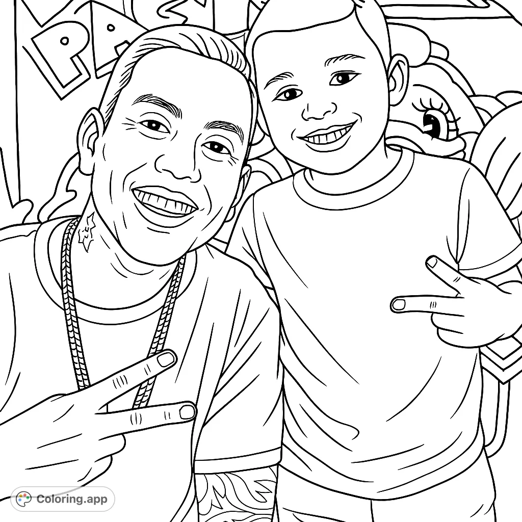 Capture a heartwarming moment between a father and son. This joyful coloring page features two smiling figures against a playful, patterned background, perfect for all ages.