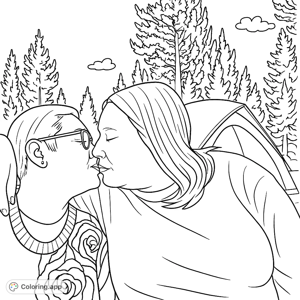Capture a tender moment between two individuals sharing a kiss amidst a serene forest and camping tent. A heartwarming scene for a romantic coloring page.