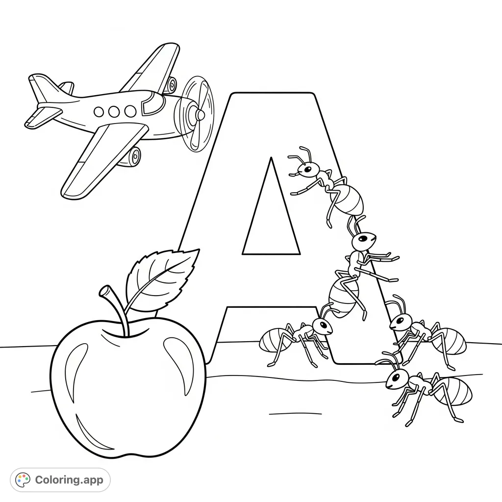 Explore the letter A with an airplane, apple, and ants! A fun and educational coloring page for young learners to practice letter recognition and vocabulary.