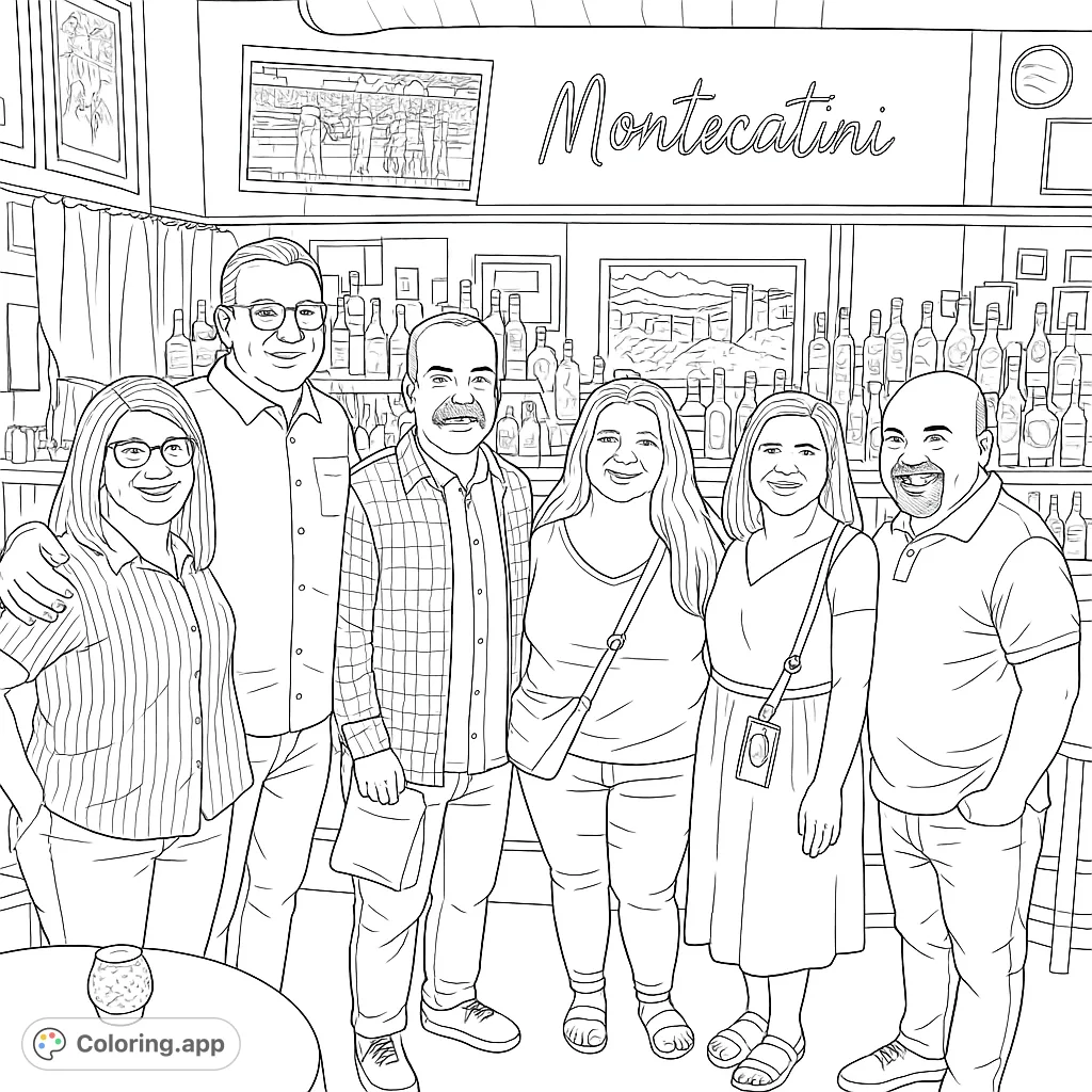 A lively group of friends gathers at a bar, smiling and enjoying their time together. A fun social scene perfect for a detailed coloring page.