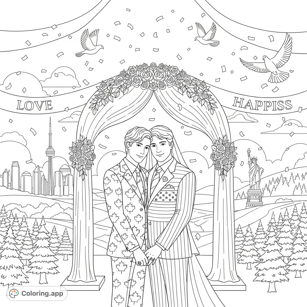 Celebrate the joyous union of Canada and America with this symbolic wedding coloring page, featuring iconic landmarks and heartfelt messages.