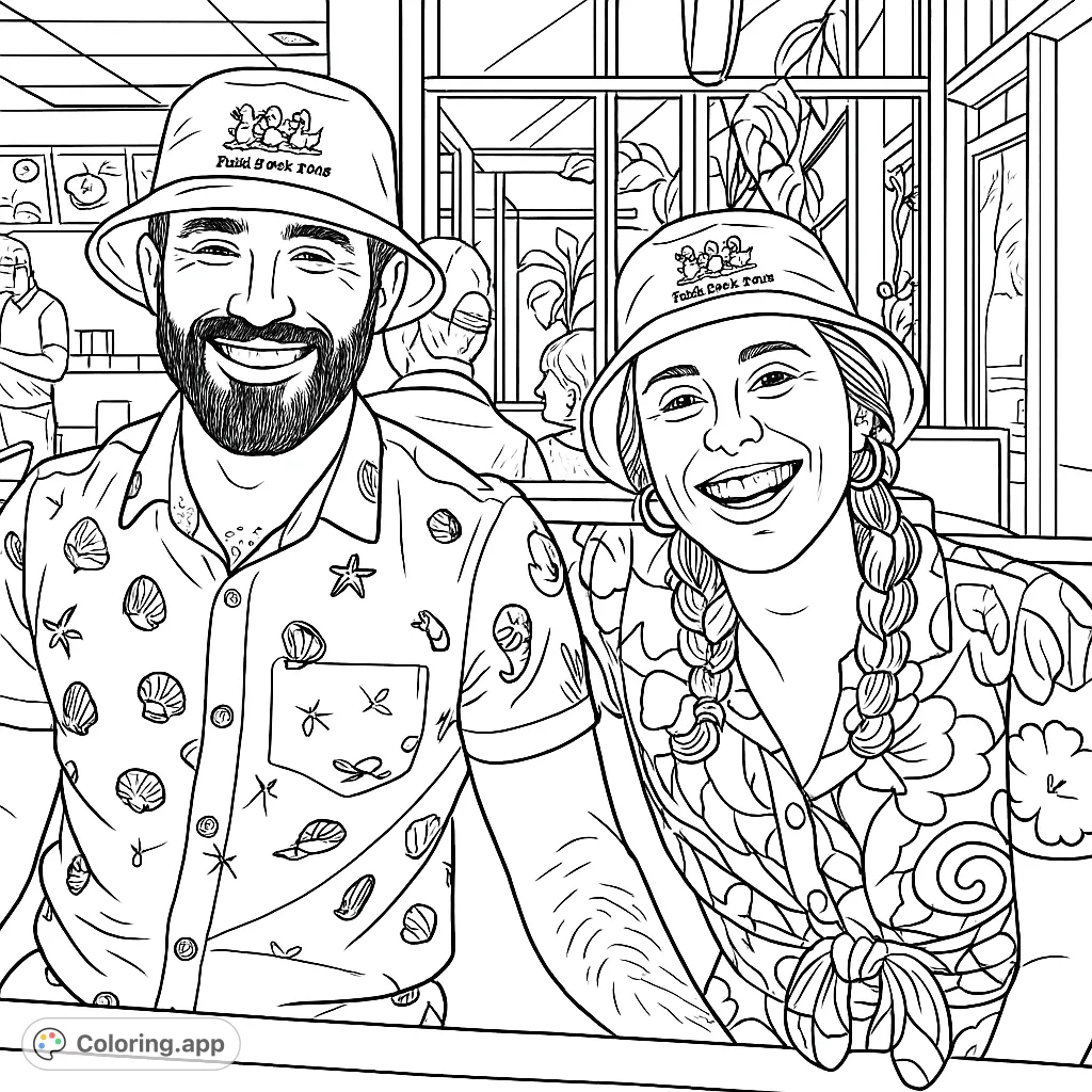 A delightful coloring page featuring a happy couple in a restaurant, complete with patterned shirts and bucket hats. Perfect for detailed coloring.