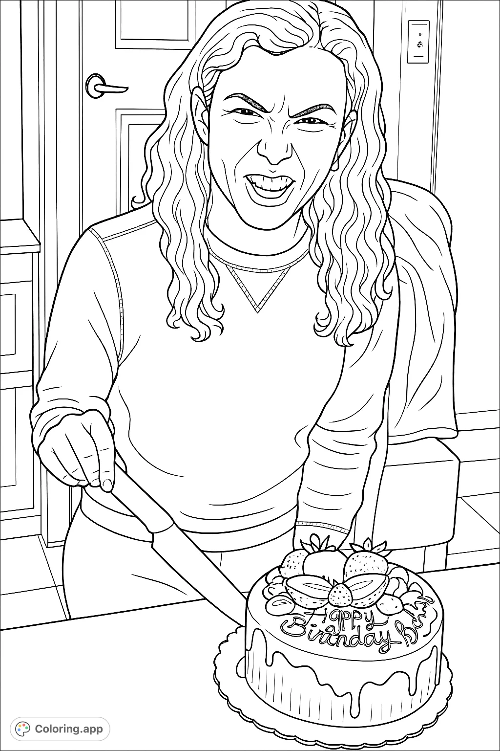 A woman with an intense expression prepares to cut a decorated cake, topped with fruit and frosting. A fun, celebratory scene.