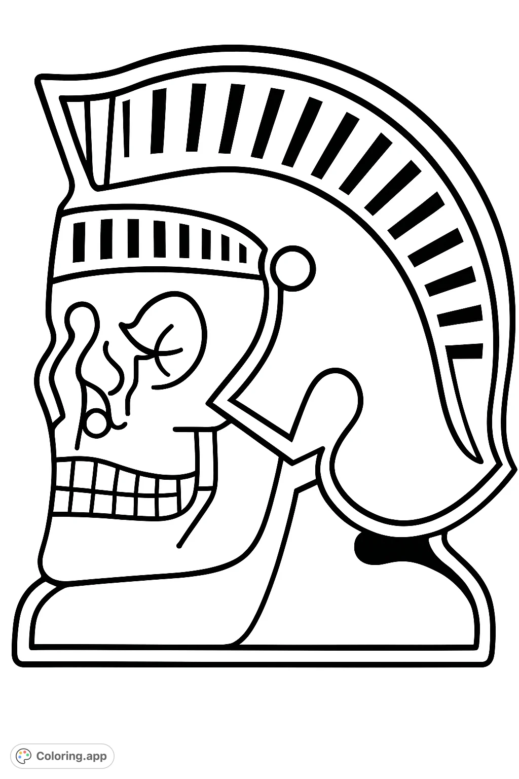 A bold, stylized profile of a helmeted head, featuring a unique facial structure and a distinctive crest. Perfect for a striking and engaging coloring experience.