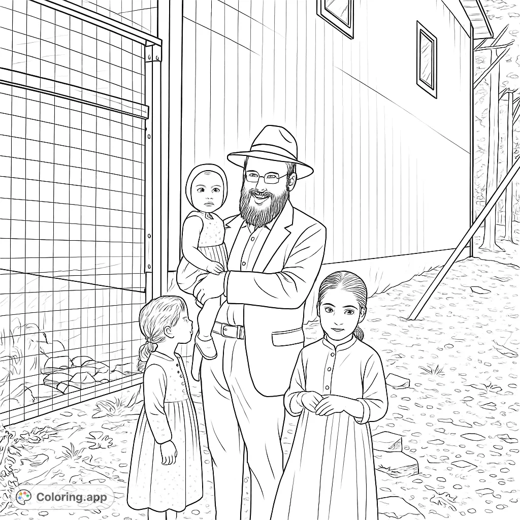A heartwarming family portrait featuring a man holding a baby, with two young girls beside him, set against a detailed building and fence.