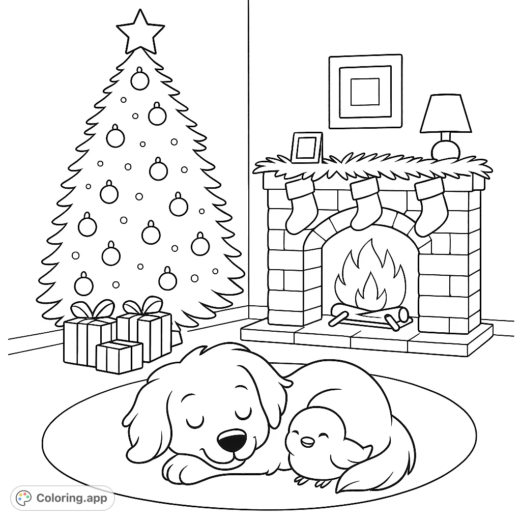 A heartwarming holiday scene featuring a sleeping dog and chick by a festive tree and fireplace. Perfect for a cozy coloring experience.