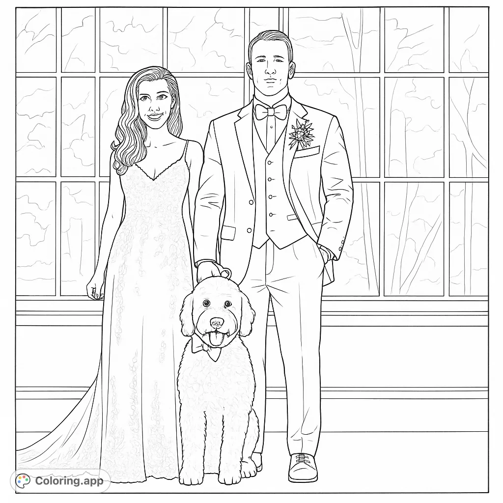 Celebrate love with this charming wedding couple and their furry companion. A delightful scene perfect for personalizing with your favorite hues.