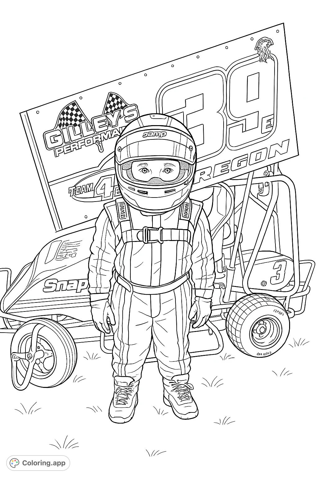 A determined young racer in full gear stands proudly beside a detailed sprint car. Perfect for motorsports fans and aspiring drivers to color.