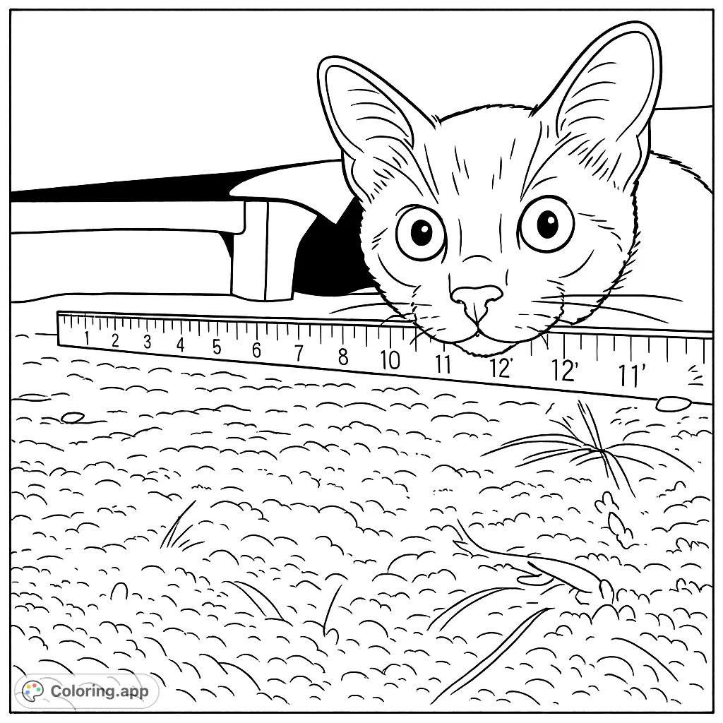 A charming coloring page featuring a curious cat peeking from under a surface, with wide eyes and a playful expression, ready for your creative touch.
