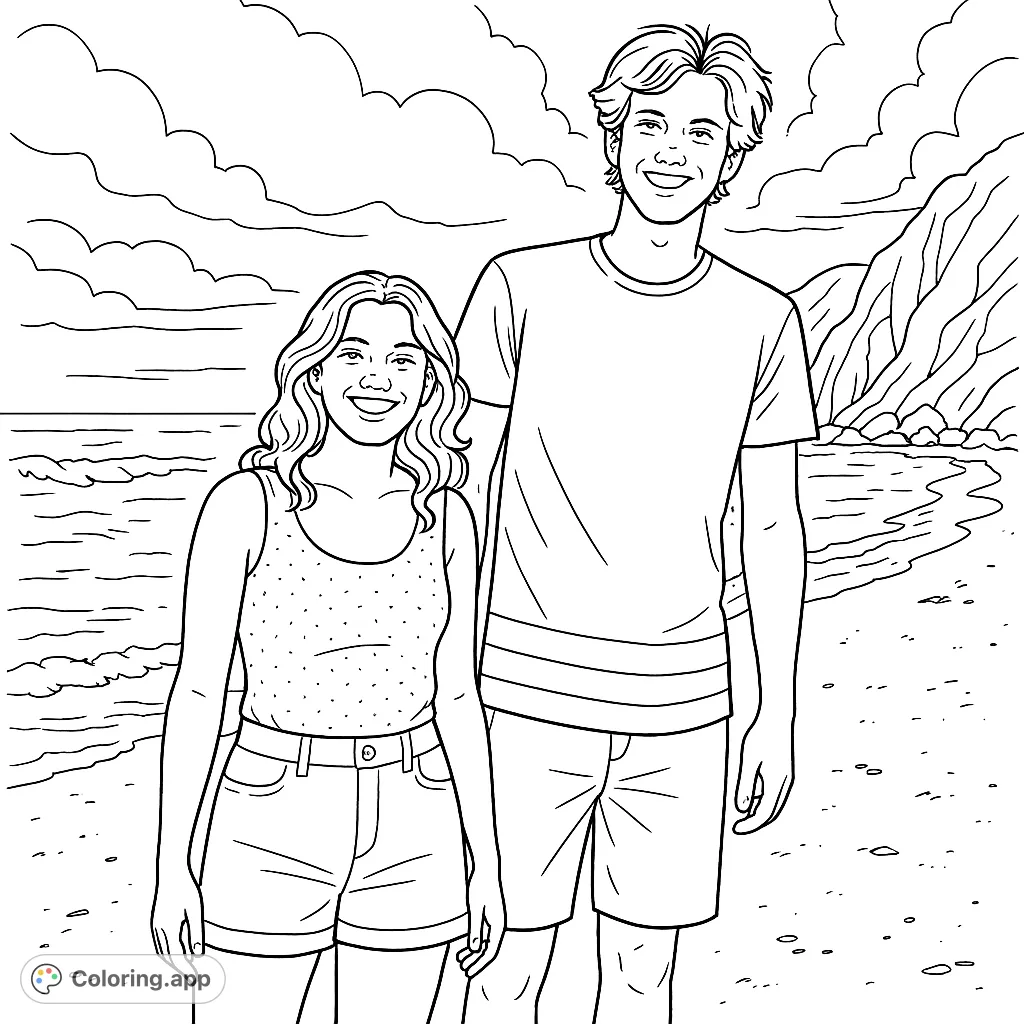 Capture the joy of a beach day with this friends coloring page. Features two smiling individuals on a sandy shore with mountains and ocean in the background.