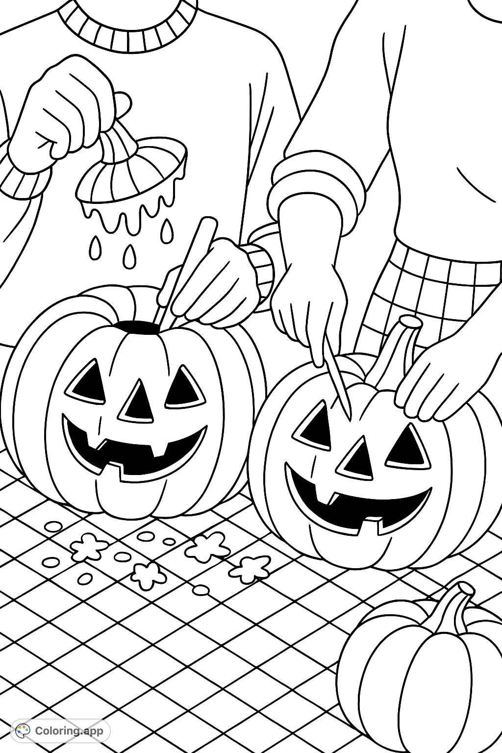 Join the festive fun of Halloween pumpkin carving! This free printable coloring page features two people creating spooky jack-o'-lanterns, perfect for seasonal creativity.