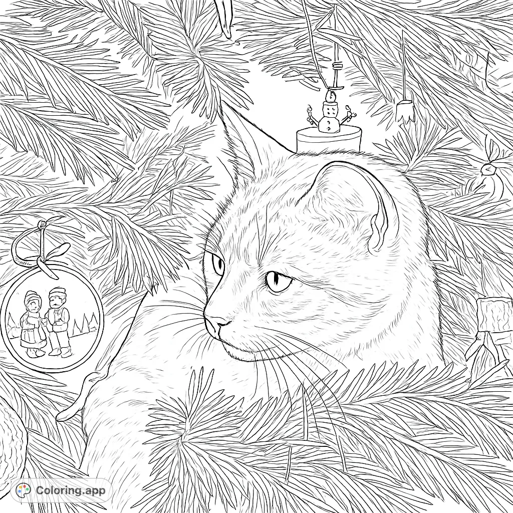 Discover a charming Christmas cat coloring page, nestled among festive tree branches and ornaments. A delightful scene for holiday creativity!