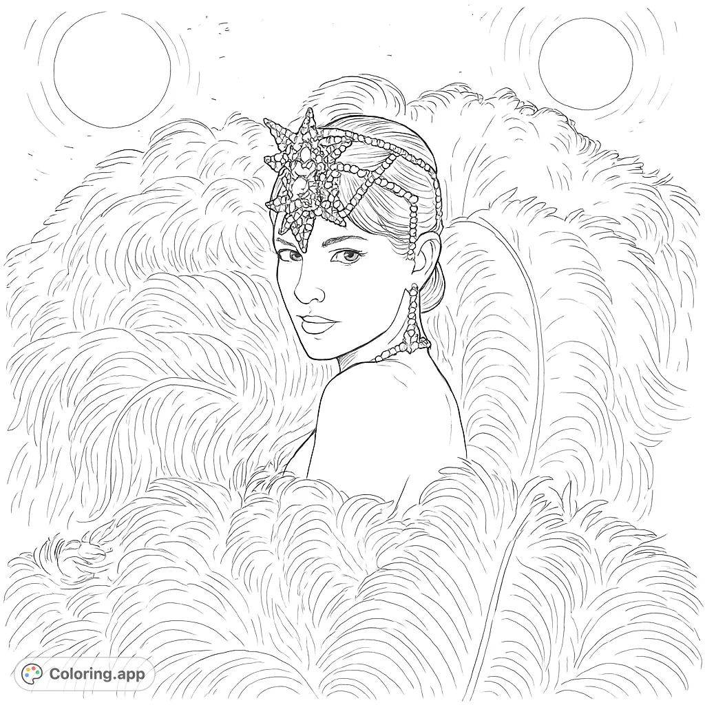 A glamorous woman in a star-adorned headpiece and voluminous feathered attire, captured in a dramatic pose under spotlights. Perfect for detailed coloring.