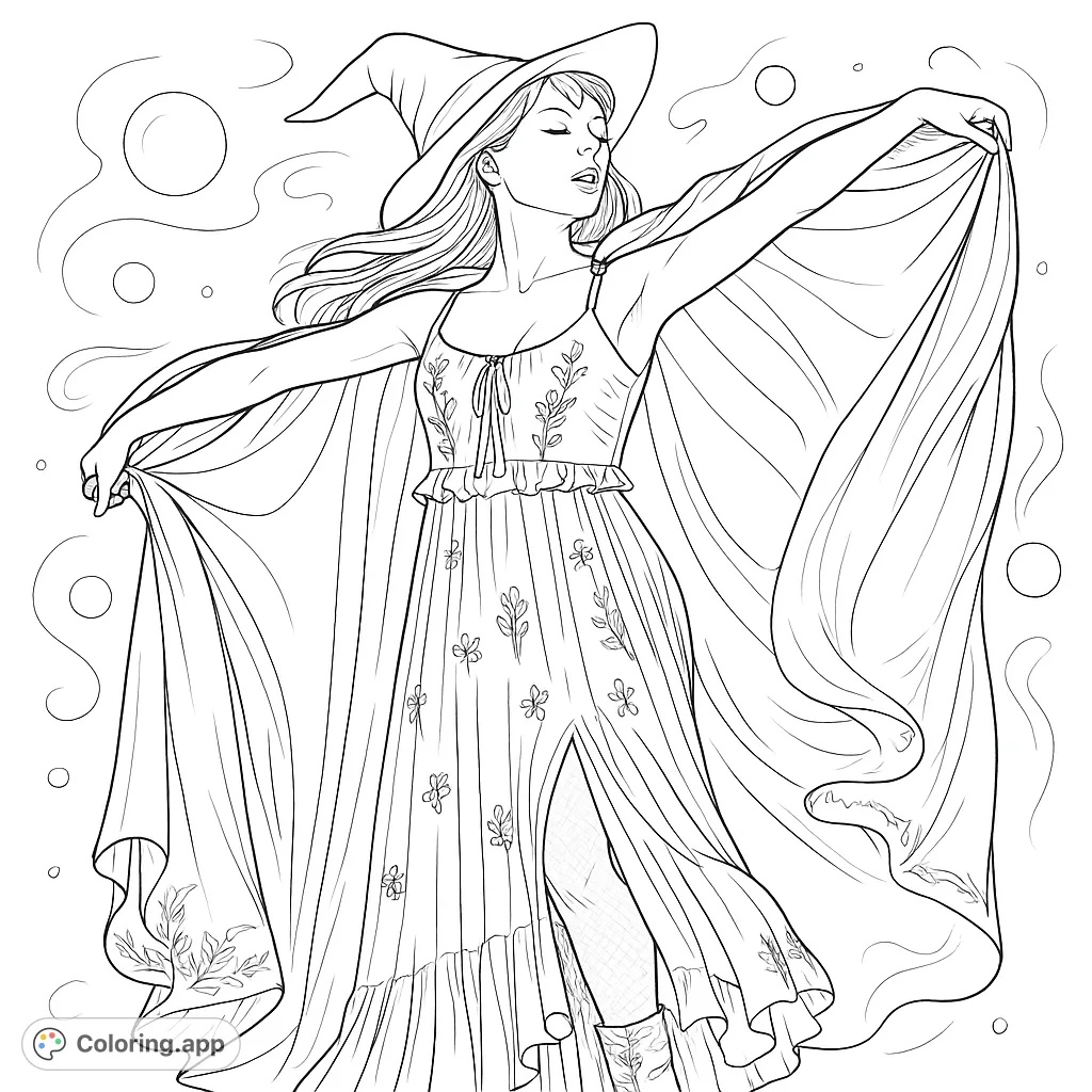 A captivating enchantress in a flowing gown and dramatic cape, striking a powerful pose amidst a mystical setting with floating orbs. Perfect for creative expression.