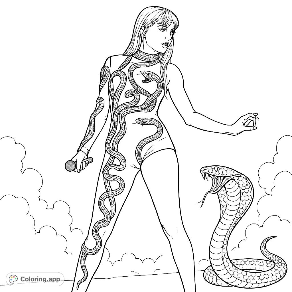 Capture the iconic pop star in her dazzling, snake-adorned stage outfit. A realistic and detailed coloring page for fans and artists.