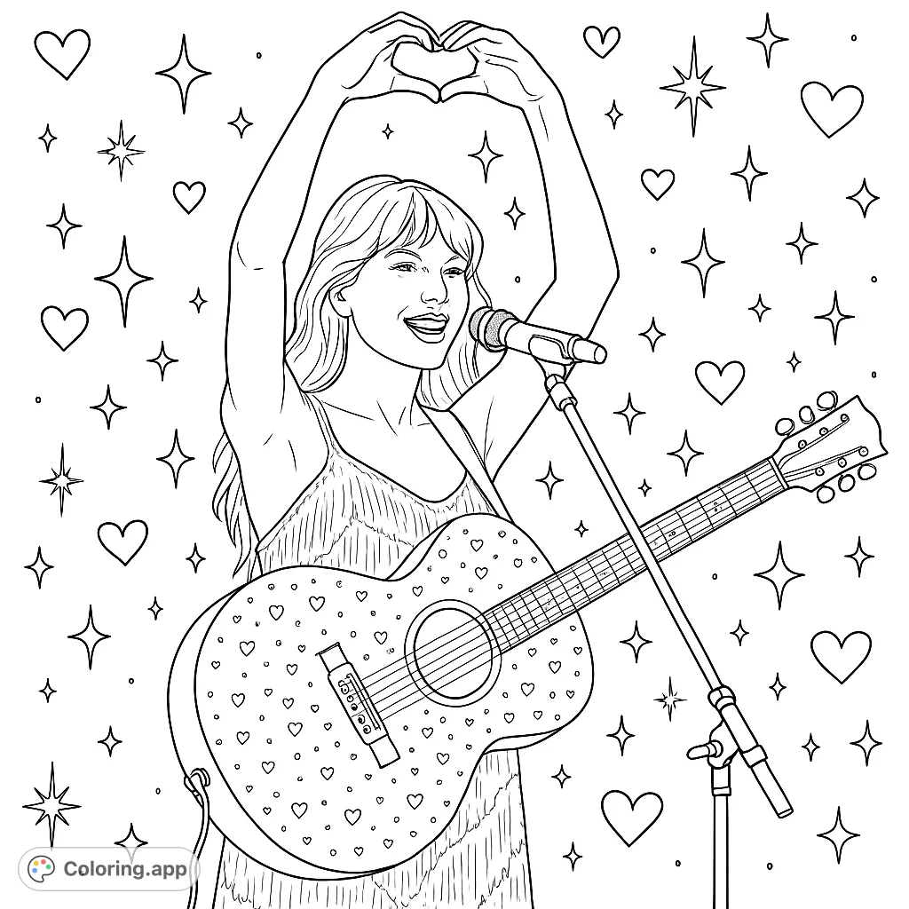 A pop star on stage, making a heart shape with her hands, holding a dazzling guitar. Perfect for music lovers to color with added hearts and sparkles.