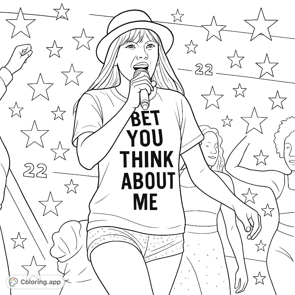 Capture the energy of a live concert with this pop star coloring page. Features a dynamic performer on stage with dancers and vibrant lights. Perfect for music fans!