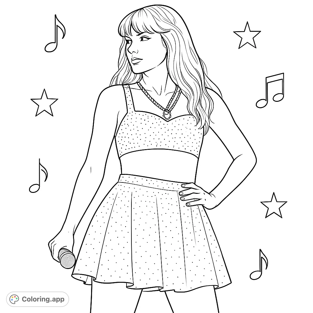 Capture the energy of a pop star on stage, complete with sparkling attire, microphone, and a dynamic pose. Add your own flair with vibrant colors and creative details.