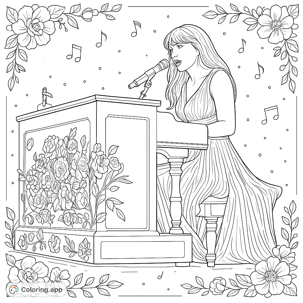 Capture the magic of a pop star's piano performance. This realistic coloring page features a singer at a floral-decorated piano, surrounded by musical notes.