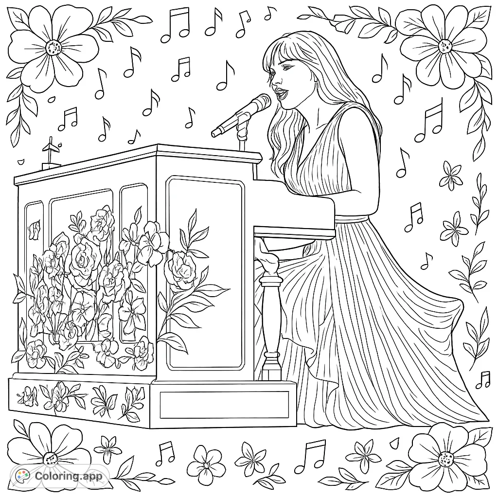 Capture the magic of a pop star's piano performance. This realistic coloring page features a singer at a floral-decorated piano, surrounded by musical notes.