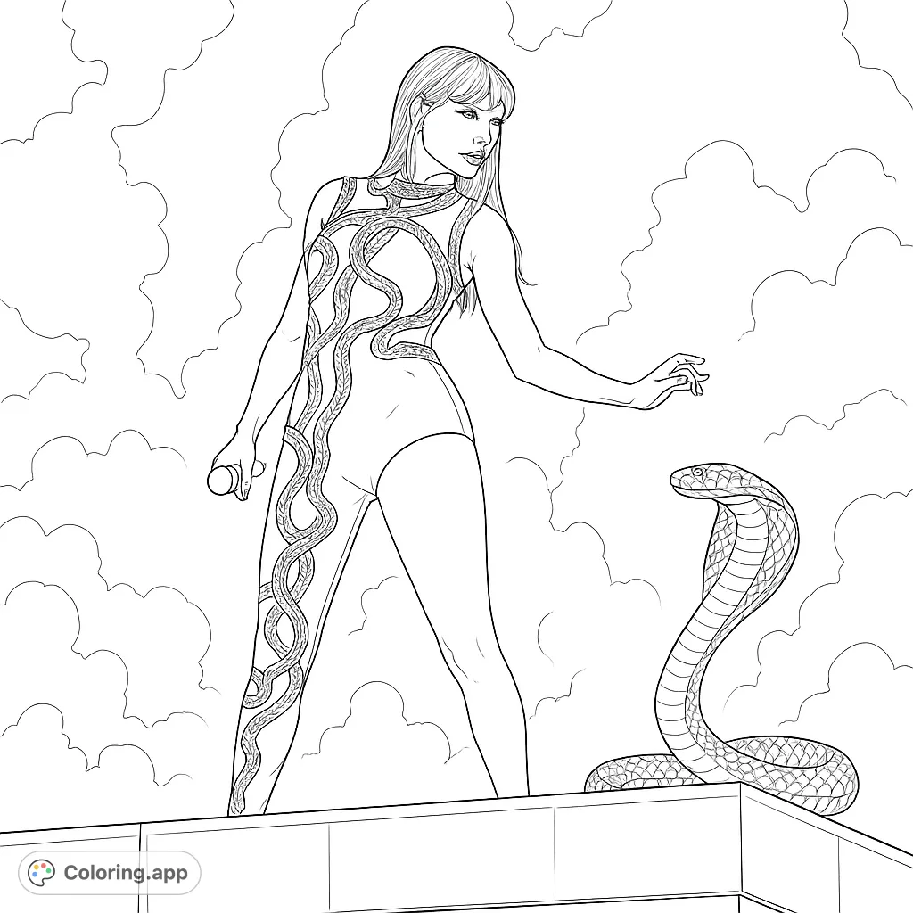 An iconic pop star on stage, adorned in a striking outfit featuring intricate serpentine designs and a cobra motif. A dynamic scene ready for your creative touch.